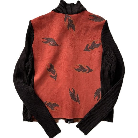 ROBERT KITCHEN CANADA Faux Suede Orange Brown Leaf Full Zip Cardigan Size Large - Picture 10 of 11